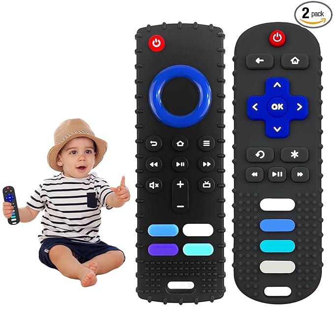 YAPROMO 2Pcs Baby Teething Toys - TV Remote Control Shaped Teethers for 3-18 Babies, Food-Grade Remote Teethers, BPA-Free