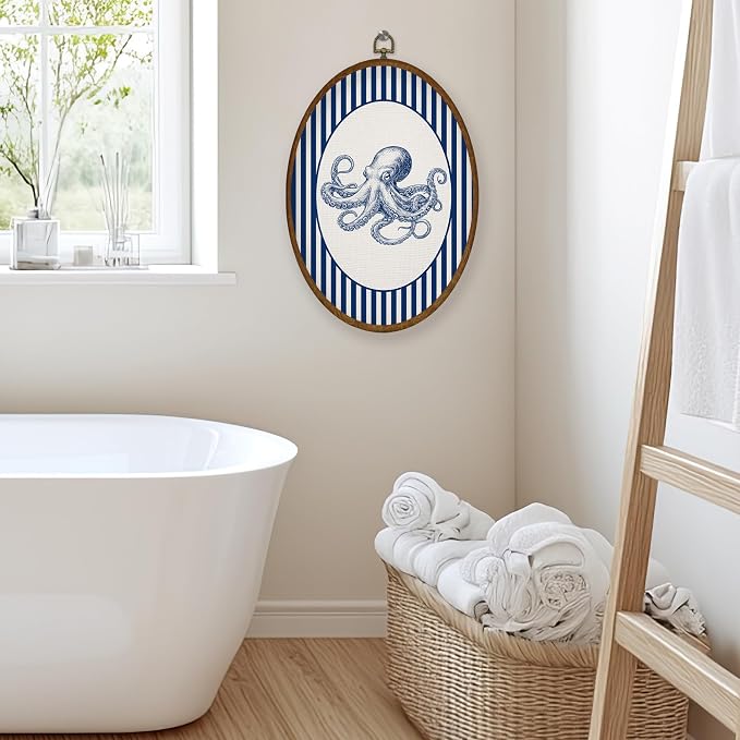 WULQYING Coastal Beach Octopus Wall Art Decor, Beach Nursery Oval Framed Canvas Art Prints, Blue Striped Ocean Octopus Wall Hanging Decor for Home Bedroom Kids Nursery Room, 8.6x11.4 Inches