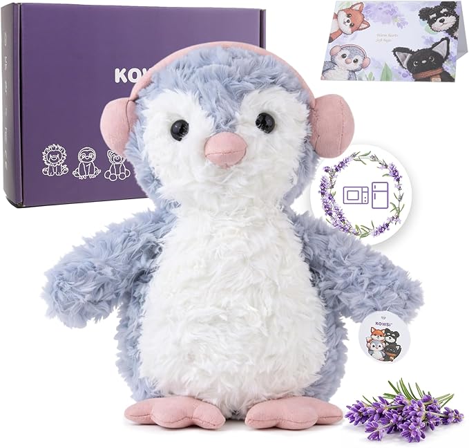 KOWSI® Microwavable Heating Pad Music-Loving Penguin Plush - Weighted Stuffed Animal Tourmaline & Lavender - 1 lb for Long Lasting Cozy Warmth & Relaxation - Includes Gift Box & Greeting Card