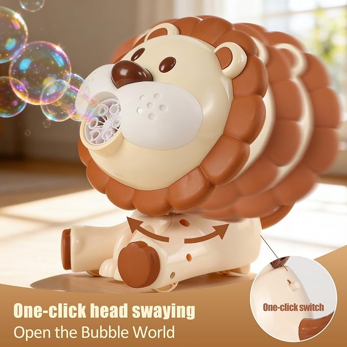 Lion Automatic Bubble Machine for Toddler Kid Toy 1 2 3 4 5 6 7 8 1yr Year Old Little Girl Boy Gift Lawn Mower Maker Blower Summer Outdoor Push Toys Rechargeable Easter Christmas Birthday Present