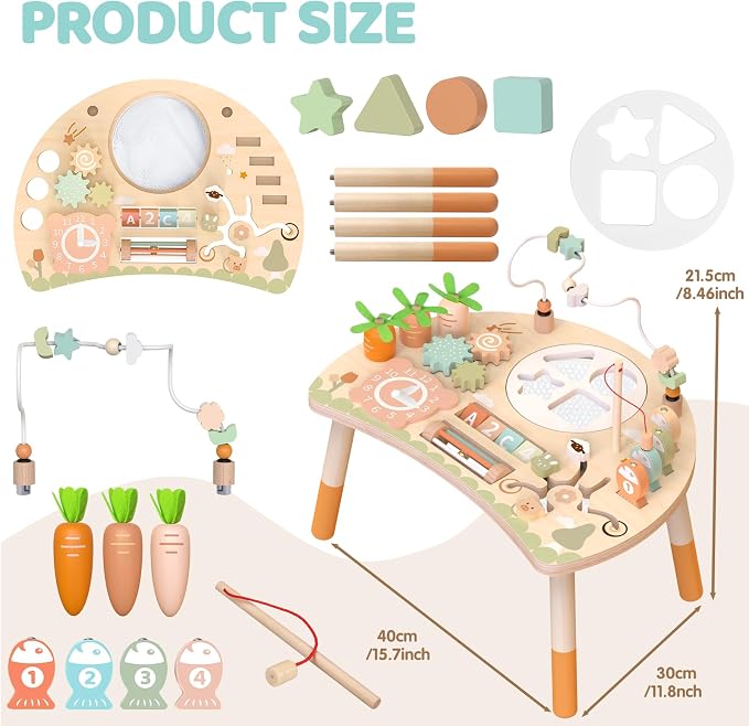 Wooden Activity Table for Toddlers 1-3, 9 in 1 Montessori Sensory Table with Bead Maze Shape Sorter Fishing Game, Baby Activity Table Learning Toys for 1 2 3 Year Old Boys Girls