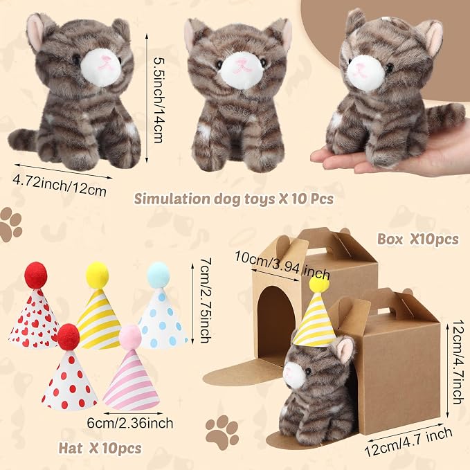 10 Set Kittens Stuffed Animals Bulk with 10 Birthday Hats 10 Kraft Paper Boxes Mini Plush Toys Small Stuffed Cat Pet Gifts for Kids, School Birthday Animal Decor(Sitting Style)