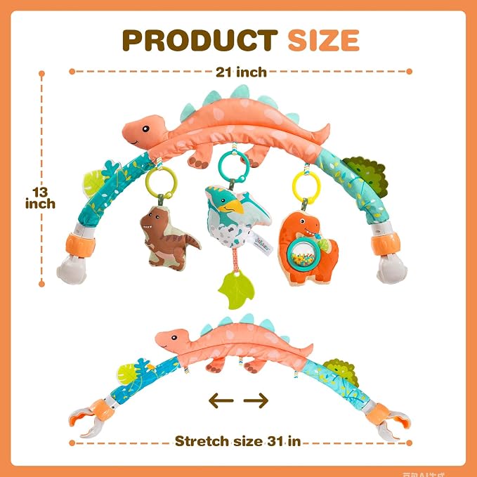Jollybaby Bassinet Stroller Crib Mobile Toy for Baby 0-6-12 Months, Infant Clip On Arch Hanging Toy, Montessori Sensory Nursery Mobiles Toy for Newborn Gift - Dinosaur