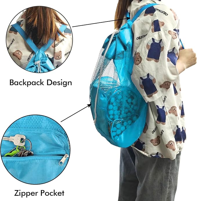 INVODA Mesh Beach Bag Drawstring Beach Backpack Foldable Toy Organizer Bag Shell Adjustable Straps Large Capacity Swim Bag