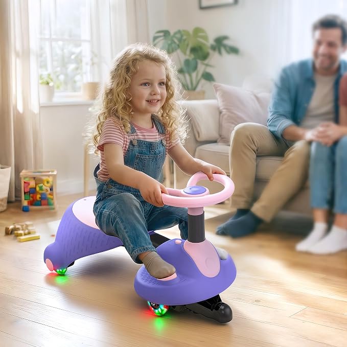 6V Electric Wiggle Car for Kids, 2-in-1 Ride On Swing Toy with Pedal, Adjustable Seat, 360° Steering, LED Flashing Wheels & Built-in Music, Anti-Rollover Ride-on Toy for Toddlers Ages 3+ Pink