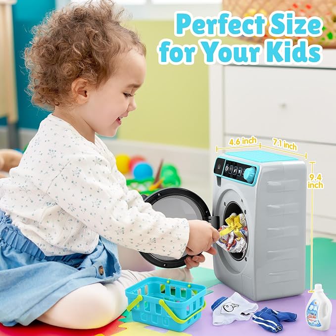 Kids Toy Washing Machine, Realistic Pretend Play Appliance for Girls, Interactive Toy Dollhouse Furniture, Play Washer and Dryer Playset with Spinning Drum