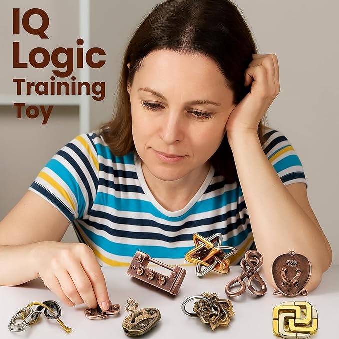 Wettarn 9 Pcs Metal Brain Teaser Puzzles 3D Steel Puzzle Set for Adults IQ Logic Challenge Disentanglement Unlock Interlocking Games Smart Logic Test Toys for Adults Mind Challenge(Fun Style)