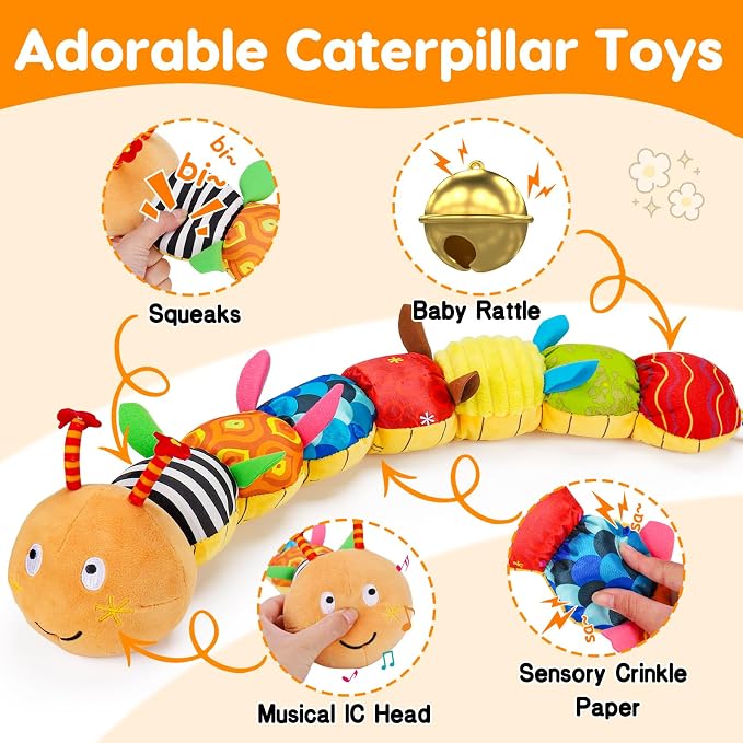Baby Sensory Caterpillar Toys 0-3 Month Music Animal Stuffed Plush Toy for Infant 0-3-6-12 Month Tummy Time with Crinkle Rattle for Newborn 9-12 Month Toy for Boy Girl Birthday Shower Gifts Orange
