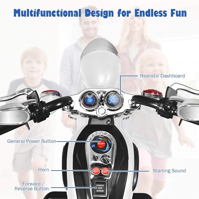 Costzon Kids Motorcycle, 6V Battery Powered Ride on Chopper Motorcycle w/Horn, Headlight, 3-Wheel Stable Ride on Toys, Electric Toddler Motorcycle for Kids, Gift for Boys Girls (White)