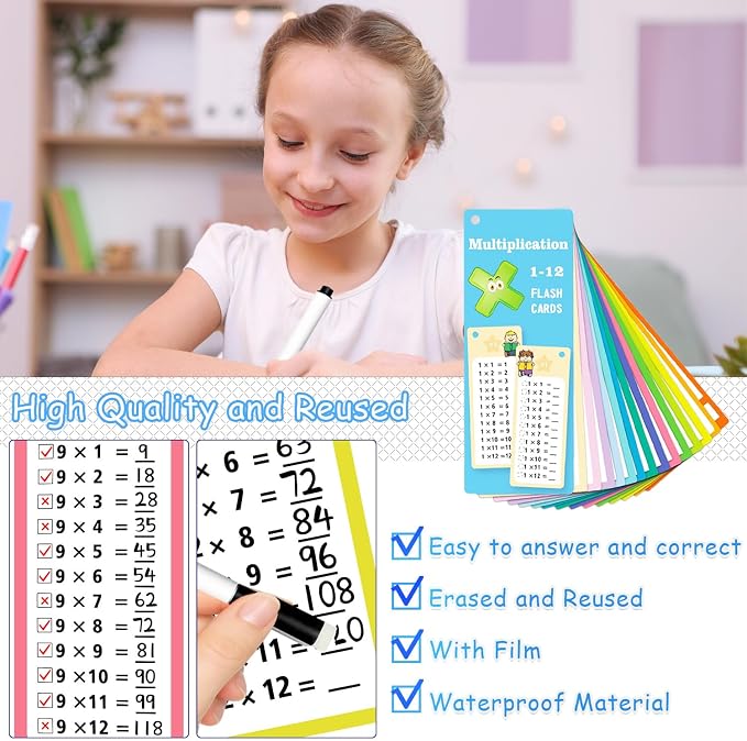 1-12 Subtraction Flash Cards, Large Math Table Flashcards Chart, with 15 Cards, 2 Dry Erase Markers, 1 Rings, Educational Subtraction Game for Kids, 1st, 2nd, 3rd Grades Classroom Home