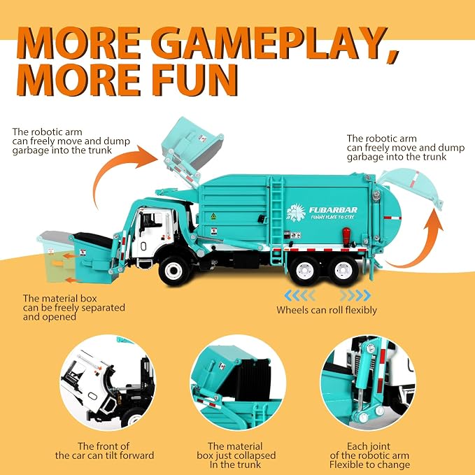 FUBARBAR Truck Toy Model – 1:43 Diecast Metal Garbage Recycling Waste Transport Truck with Trash Bin, Pull Back Model Car Toy for Kids 4-6 Age Boys Birthday Gift (Blue)