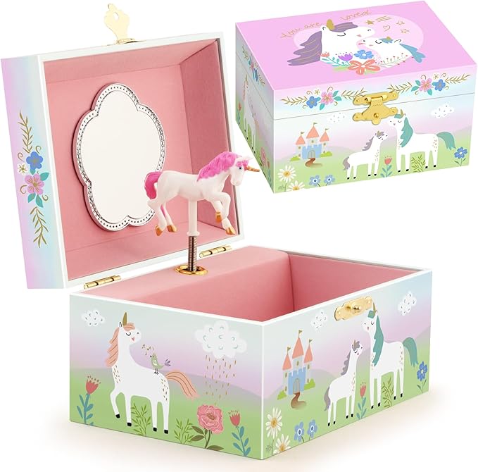 RR ROUND RICH DESIGN Kids Music Jewelry Box with Foil Gold Unicorn Theme Spinning Playback the Tune for Beautiful Dream Song Pink-Green