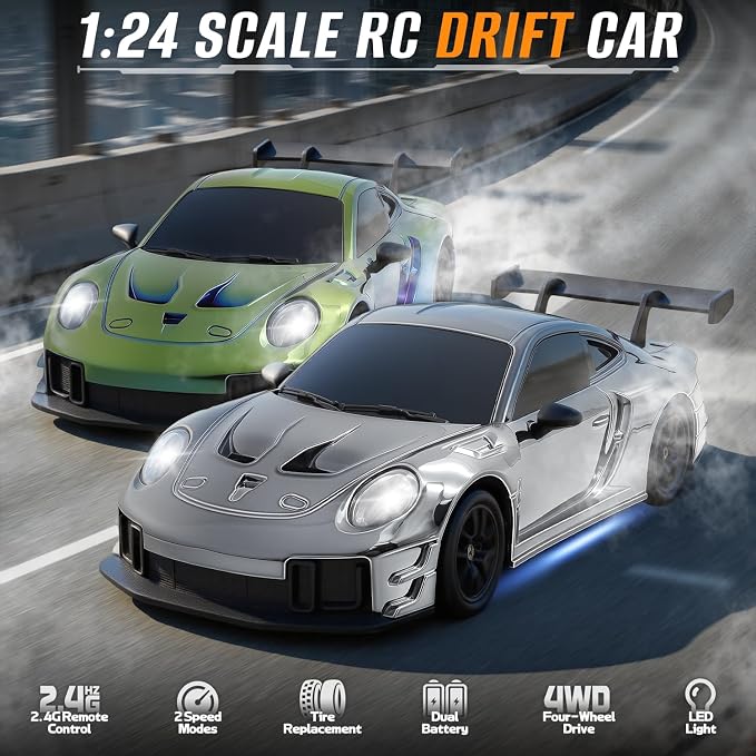 RC Drift Car, 1:24 4WD Remote Control Cars Vehicle with LED Light,2.4GHz 20KM/H High Speed RC Cars with Two Batteries & Drifting Tires Racing Sport Toy for Adults Boys Girls Kids Silve