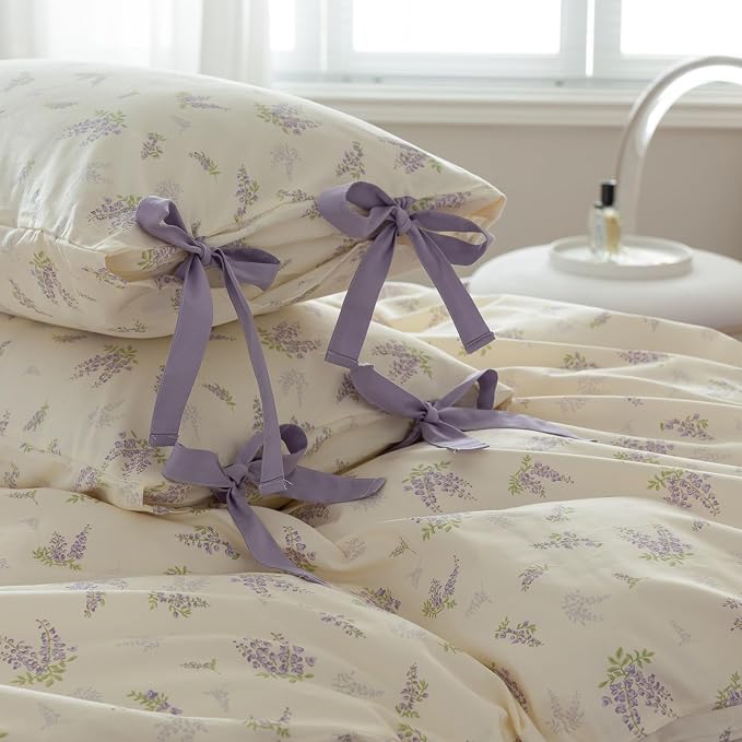 Floral Comforter King Size Fluffy Floral Comforter Set for Girls Women Purple Flower Leaves Bedding Comforter Set 1 Flower Lilac Comforter with 2 Bow Ties Pillowcases All Season King Comforter Set