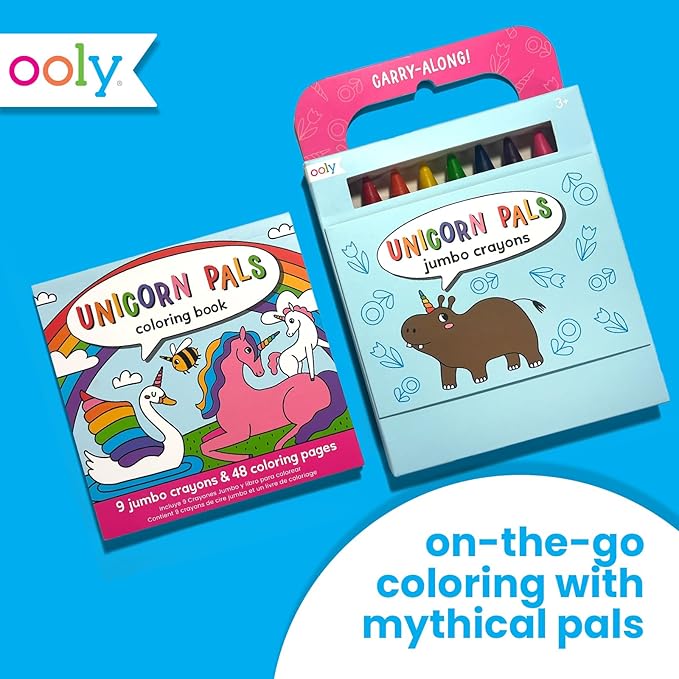 Ooly Kids Travel Activity Kit – 9 Jumbo Crayons & 48 Coloring Pages, Car Crafts for Kids, Mess-Free Road Trip Art Set, Airplane Activities – Unicorn Pals