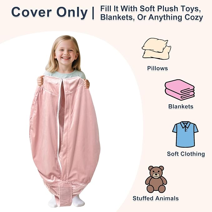 Lukeight Stuffed Animals Storage Bean Bag Chair Cover for Kids, Cozy Velvet Plush Toy Organizer Seat, Cover Only, No Filling Included, Long YKK Zipper, Side Pocket, X-Large 30 x 18 in