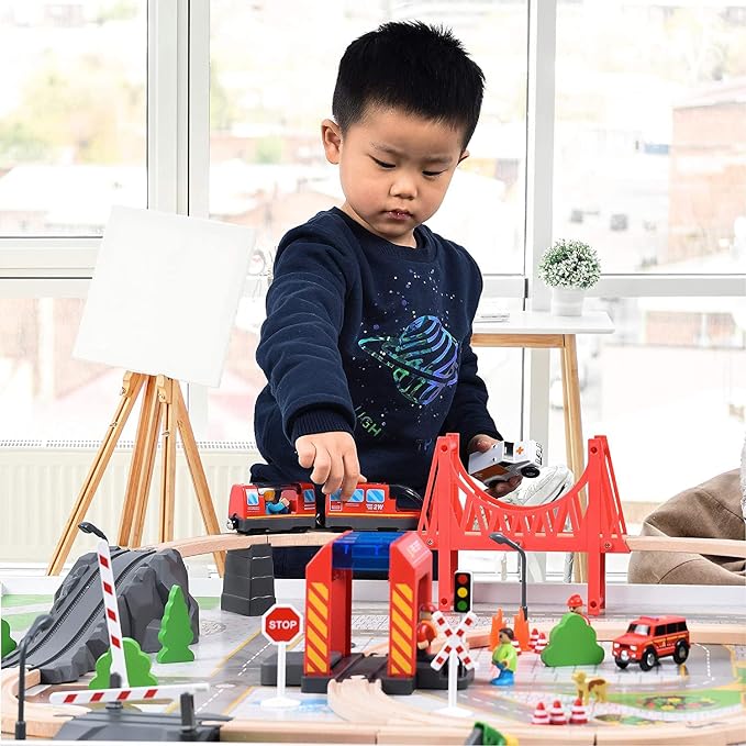 Giant bean Battery Operated Electric Locomotive Magnetic Train Set for Wooden Train Tracks, Powerful Engine Compatible with Most Brands, Christmas Toys for Kids 3+