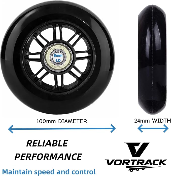 Pro Kick Scooter Replacement Wheels 100mm Pair - High-Speed Smooth Bearings Installed, Heavy Duty PU Wheels for Universal Scooter Repair (Black)