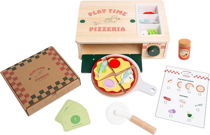 Pearhead Wooden Pizzeria Montessori Pretend Play Food Set, 38-Piece Play Kitchen Accessories, (38 Pcs) Toy Pizza Oven with Pizza Toppings Food Set, Preschool Toys for Toddlers, Ages 3+ Years