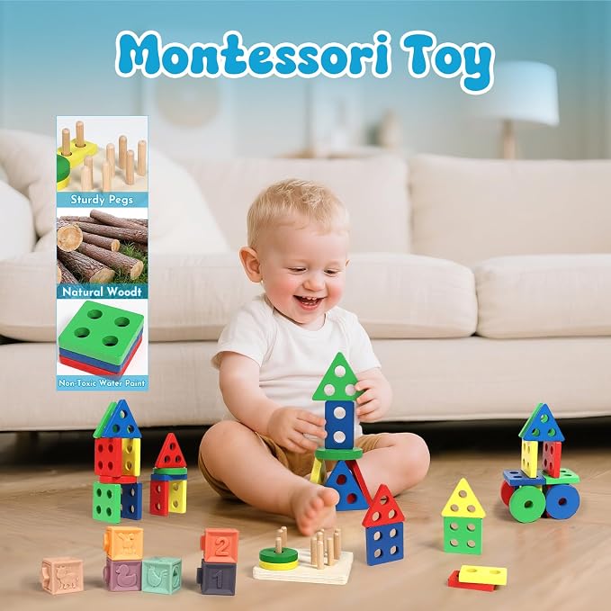 LearnToy Baby Toys 18-36 Months, Montessori 7-in-1 Activity Set | Stacking Blocks, Infant Teething Toy & Sensory Bin, Baby Boys & Girls Gifts