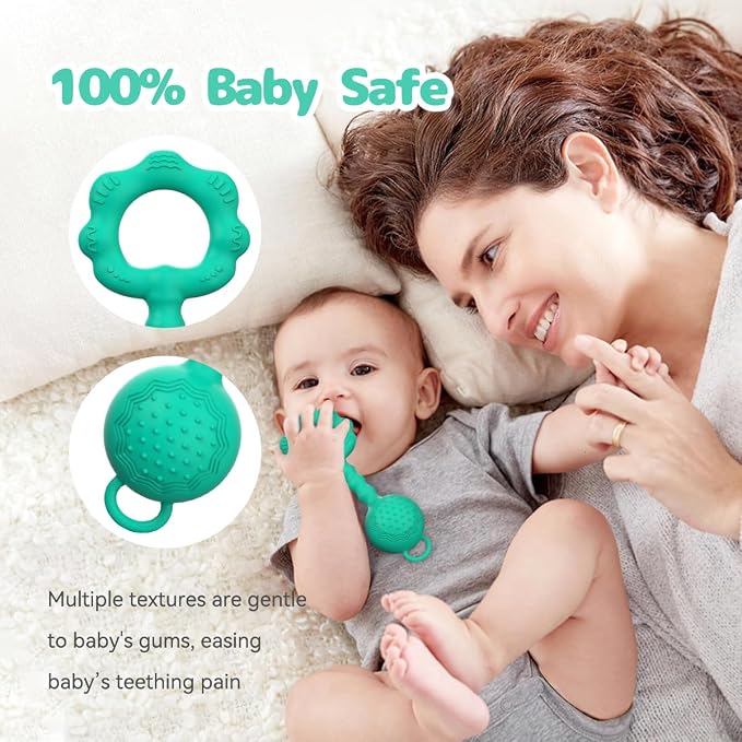 Teethers for Babies 6-12 Months, Rattles for Babies 0-6 Months, 2-in-1 Rattle and Teether Toy for Soothing Sore Gums and Keeps Little Ones Entertained, Food Grade Silicone (Spearmint)