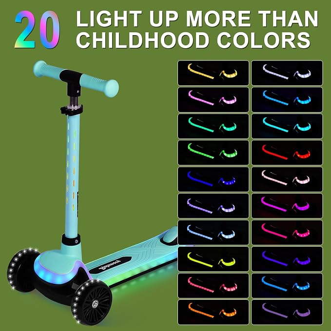 Rahmory Kids Scooter for Boys Girls Ages 3-8, 3 Wheel Light Up Toddler Kick Scooter with 20 Dynamic LED Modes, Foldable Adjustable Height, Extra Wide Deck, Lean to Steer Outdoor Toy Gift