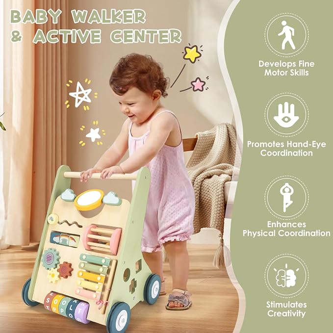 Baby Push Walker, Wooden Baby Walker with Wheels, Montessori Walker for Babies 12 Months, Adjustable Speed Push Walking Toys for Boys & Girls 1 Year Old, Christmas Birthday Gifts for Toddler