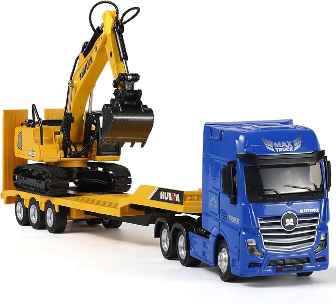 Semi Truck Toy and Trailer, 1/50 Scale Diecast Alloy Metal Semi and Trailer Model Gifts for Boys Adult Model Car Collector (10.Semi Truck and Excavator Set-Blue)