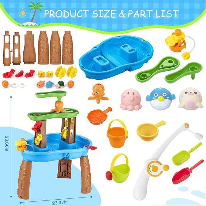 VROGTIK Water Table for Toddlers 3-5, Kids Sand Water Table with Fishing Game Set, Sensory Play Table Toys for Outdoor Pool Beach Backyard Summer Birthday Gift for Boys Outside Toys for Toddler