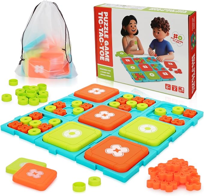 Tic Tac Toe Game for Kids & Adults Ages 6+, 9-in-1 Detachable Board, 2 Game Modes, 15-Min Games, Portable Travel Family Board Game with Storage Bag, XO Strategy Gift for Boys Girls BPA-Free