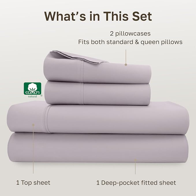 California Design Den Soft Queen Size 100% Cotton Sheet Sets, 400 TC Good Housekeeping Award Winner, Smooth Sateen Finish with Deep Pockets, Cozy and Durable Queen Bedding Set - Dusky Lavender Grey