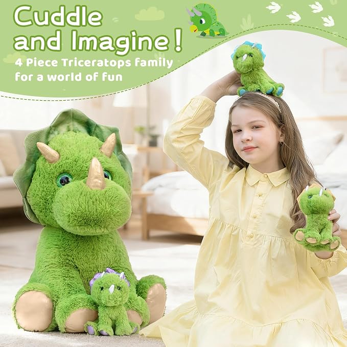 Muiteiur Triceratops Stuffed Animal, Giant Dinosaur Mommy Stuffed Animals with 3 Little Babies, Green Soft Plush Dinosaur Toy Gift for Kids 24.5 inch