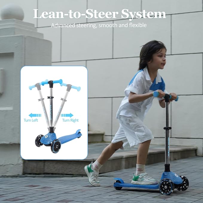 Kicknroll Kids Scooter Light Up 3 Wheel Toddler Kick Scooters with Jelly Glitter Anti-Slip Deck and LED Wheels, 4 Adjustable Heights, Foldable, Lean-to-Steer Design for Girls & Boys 3-12 Max 110 Lbs