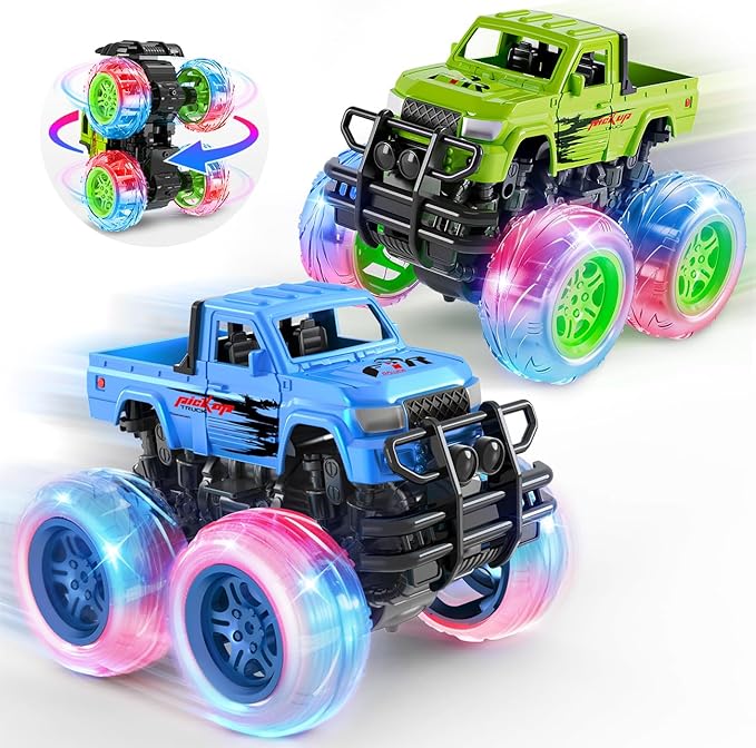 LODBY Monster Trucks Toys for Toddlers, Light-Up Trucks & Cars Toys for 2 3 4 5 6 Year Old Boy Christmas Birthday Gifts, Kids Push and Go Cars with Flashing Wheels (2 Pack)