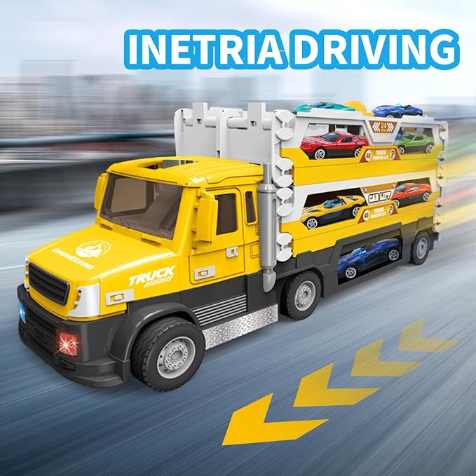 DOWELLIN 6 in 1 Transport Truck Toys for Kids, Police Trucks Carrier Cars with 6Pcs Metal Race Car with Light&Sounds, Toddler Vehicles Toys Gifts for Boys Girls Age 3 4 5 6 7 8-Yellow