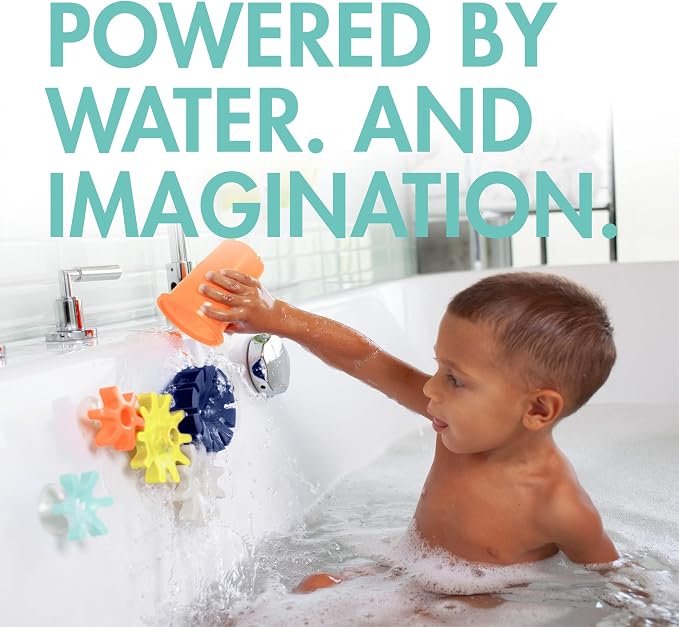 Boon Cogs Baby Bath Toys - Spinning Gear Themed Sensory Baby Toys for Bathtub - Suction Toys for Bathtub Walls - Navy and Yellow - 5 Count - Ages 12 Months and Up