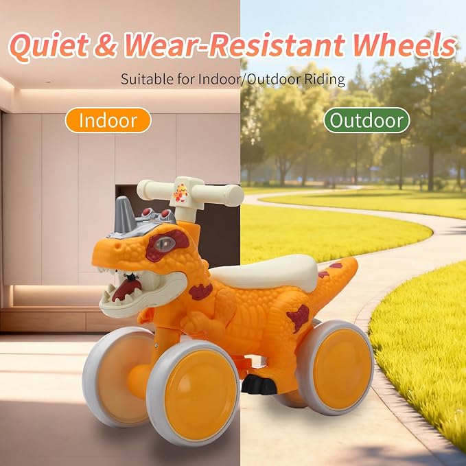 Dinosaur Balance Bike for 1-3 Year Olds, 4-Wheel No-Pedal Bike for Walker, Ride on Toys for Toddlers with Music and Mist Spray, First Birthday Gift for Boys & Girls (Orange)