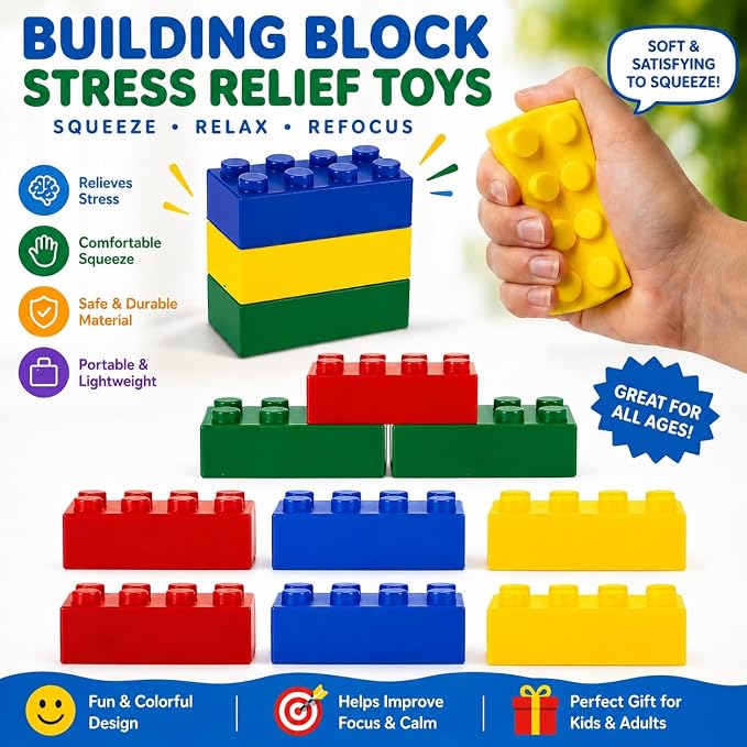 ArtCreativity Building Block Stress Relief Toys for Kids, Set of 12, Stacking Construction Foam Squeeze Toys in 4 Vibrant Colors, Birthday Party Favors, Goodie Bag Fillers Office Gifts Sensory Fidget
