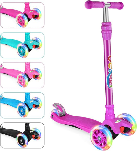BELEEV Scooters for Kids 3 Wheel Kick Scooter for Toddlers Girls Boys, 4 Adjustable Height, Lean to Steer, Light up Wheels, Extra-Wide Deck, Easy to Assemble for Children Ages 3-12