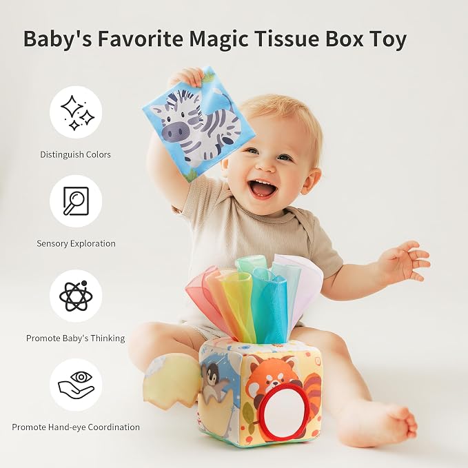 Baby Tissue Box Toy for Babies 6-12 Months - Montessori Sensory Toy | 12 Soft Scarves & 3 Crinkle Tissues | CPC Certified BPA-Free | 6-Sided Cube | Boosts Fine Motor Skills | Travel & Baby Gift