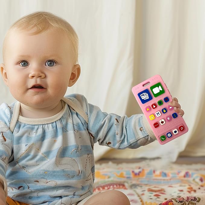 Baby Silicone Teething Toys, Phone Teether Toys for Toddlers 3-18 Months, Boys Girls Babies Teething Toy, Baby Chew Toy, Freezer BPA Free, Pink