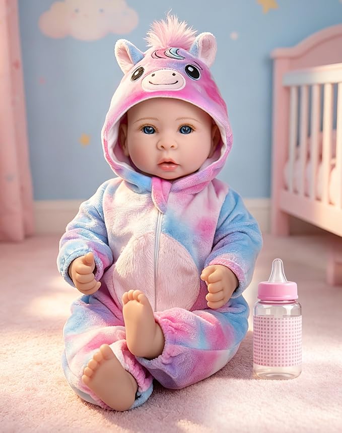 Aori 17 Inch Lifelike Baby Dolls Realistic Baby Girl Doll with Soft Lightweight Body, Colorful Pony Outfit & Feeding Accessories, for Girls Age 3+