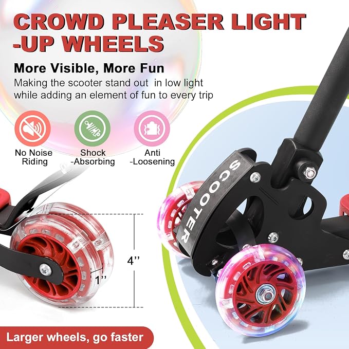 Scooter for Kids 3-5 5-7,Light up 3 Wheels Kick Scooter,Heavy Duty Folding Lean-to-Steer Scooters with 3 Adjustable Handlebar for Boys Girls,Widen Anti-Slip Deck,Rear Break,Holds up to 150Lbs
