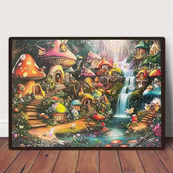 Mushroom Castle 1000 Piece Puzzle for Adults,Mushroom Garden Waterfall Puzzles for Adults 1000 Pieces,Challenging and Hard Difficult Mosaic Jigsaw Puzzles Toy Games 1000Pieces 27.5 X 19.7inch