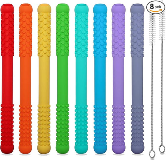 Teething Straws Sticks for Babies 6-12 12-18 Months, 8 Pack Teething Toys 3-6 Months, Silicone Teethers for Babies Toddlers Nursing Biting Chewing, Autism Chew Toys for Sensory Kids Teething Relief