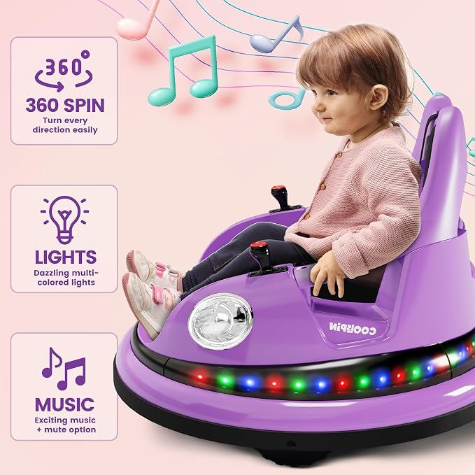 Bumper Car for Kids, 12V Ride on Bumper Car for Toddler with Remote Control, 2-Speed, 2 Driving Modes, 360°Spin, Anti-Collision Padding, Lights, Music, Electric Bumping Car for Children 1.5-6, Purple