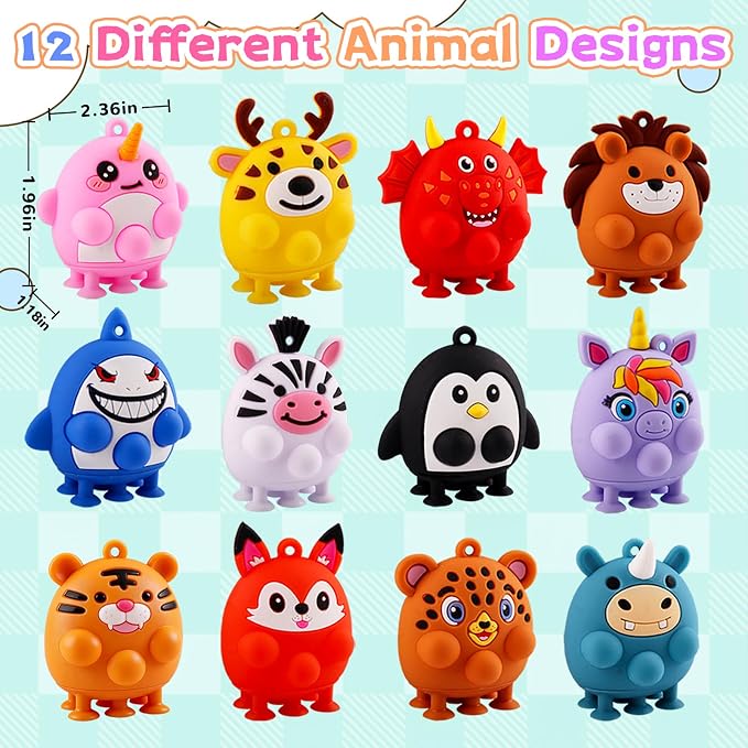 ChildFun 12PCS Animal Suction Popper Fidget Toys, Toddler Travel Toys for Airplane Car Activities, Silicone Sensory Toys, Party Favors for Kids, Goodie Bag Stuffers, Toys for 1+ Years Old