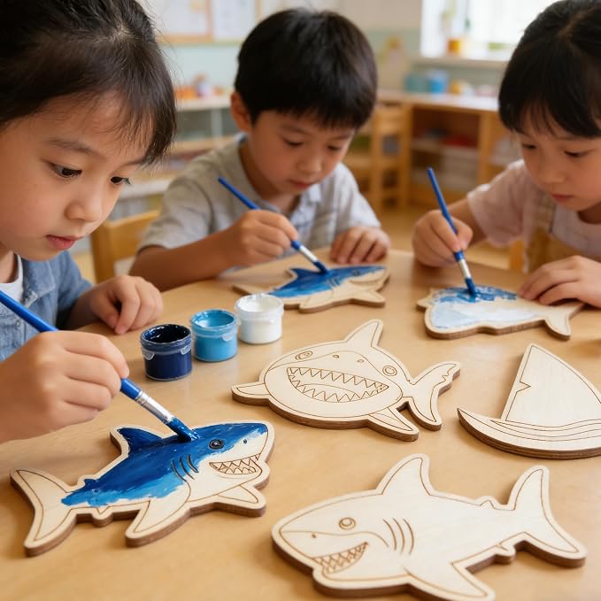 Xvvti 12PCS Shark Party Favors- DIY Shark Wood Painting Kits with Art Supplies – Fun Thank You Gifts, Birthday Party& Goodie Bag Stuffer
