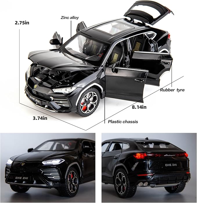 BDTCTK 1:24 Lambo Urus Car Model, Diecast Pull Back Car Toy car, Doors Open, Light and Sound, Boys Toys Kids Adults Gifts Black