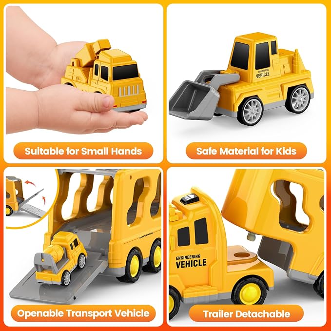 FunMission Toddlers Construction Toys for Kids 3-9 Year Old，5 in 1 Friction Power Vehicle Car for 3 4 5 6 7 Years Old Boys Girls，Carrier Truck Transport Toys for Christmas and Birthday Gifts
